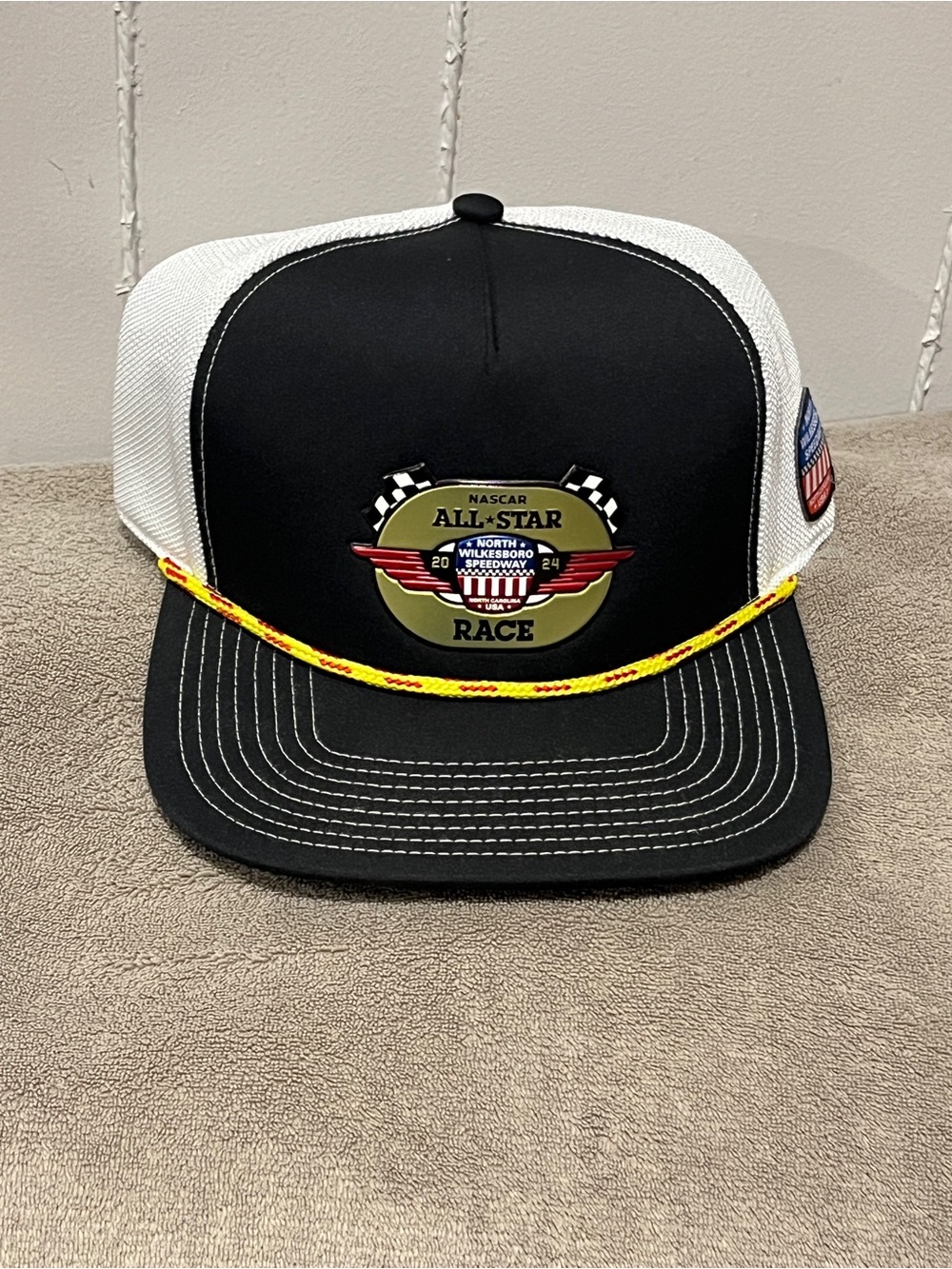 Nascar Trucker Rope Brim Hat - Black, White & Yellow Accent